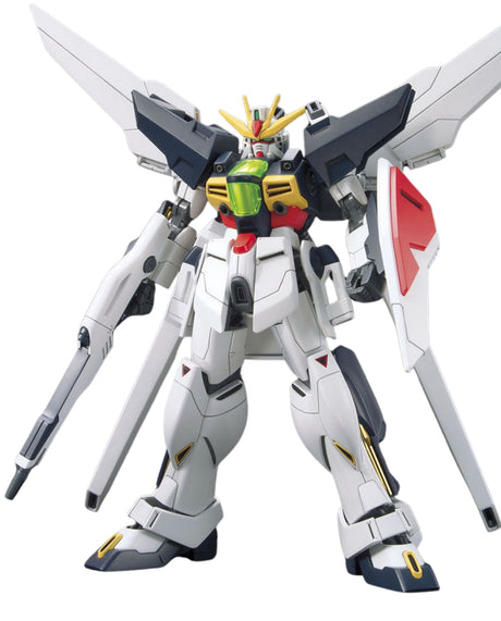 A white Gundam-style mecha action figure or model kit with black, gray, red, yellow, and green details, shown standing on a plain white background.