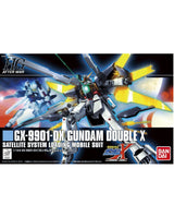 Bandai HG After War GX-9901 DX Gundam Double X Satellite System Loading Mobile Suit box art, featuring a detailed mecha illustration with a blue and white secondary unit in the background.