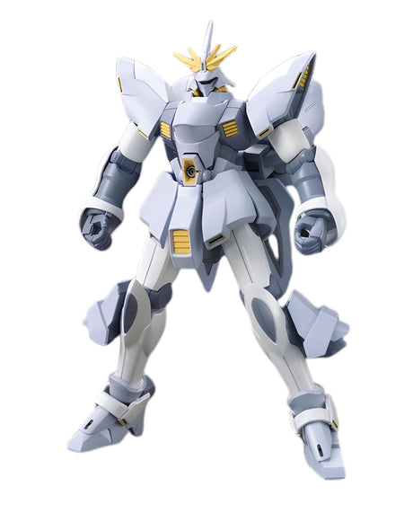 A white and gray mecha robot figure with small gold accents, posed dynamically against a solid white background.