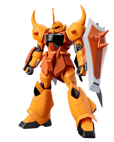 An orange and black mecha robot figure holding a large orange and white shield, isolated on a solid white background.