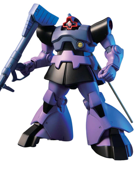 A purple and blue mecha robot action figure holding a large blue weapon and a thin rod, shown against a plain white background.