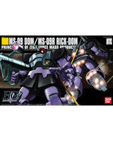 Bandai HGC Universe Destiny MS-09 DOM / MS-09R Rick-Dom model kit box front cover art, featuring a purple and black mecha robot with glowing orange eyes and weapon details on a dark space-themed background.