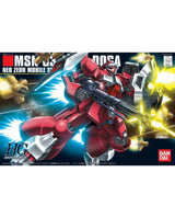 Bandai HCG Universal Scale model kit box art for the MSK-039 Rosa Neo Zeon Mobile Suit, featuring a red and silver mecha robot with yellow energy effects on a dark background.