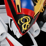 Close-up of a robot helmet with red, blue, and gold colors and a dragon emblem.