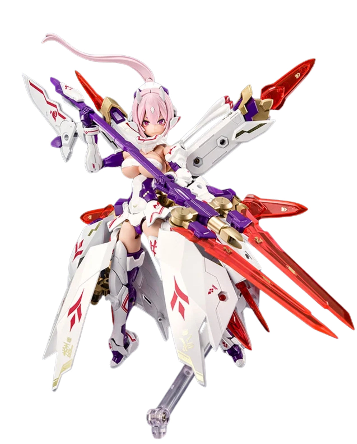 A detailed action figure of a sci-fi female character with pink hair, mounted on a large white, purple, and red mecha body with multiple weapons, isolated on a white background.