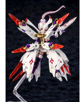 A white, purple, and red mecha action figure displayed on a dark textured background. The figure features a white body with prominent purple and red accents, gold mechanical details, and a pink curved horn or antenna on its head.