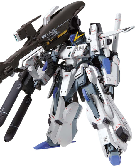 A white, blue, and black mecha robot model with a large black weapon mounted on its shoulder, shown against a solid white background.