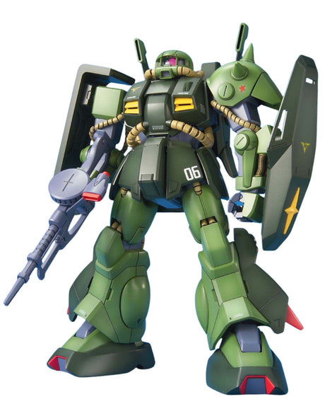 A green mobile robot action figure or model kit shown standing on a plain white background, holding a gray rifle and large dark shields, with small red, yellow, and blue accents.