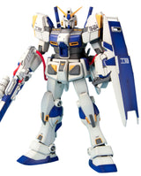 A detailed Gundam model figure in a white, blue, and gray color scheme, holding a blue and white shield and a rifle, set against a plain white background.