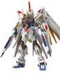 A highly detailed white, gold, and blue mecha robot model standing on a plain white background.