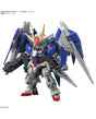 A detailed miniature model of a Gundam-style mecha robot, shown standing on a plain white background. The model features a blue and gray body with red, green, and yellow accents, including a large wing-like shield on the back and a sword on the right arm.