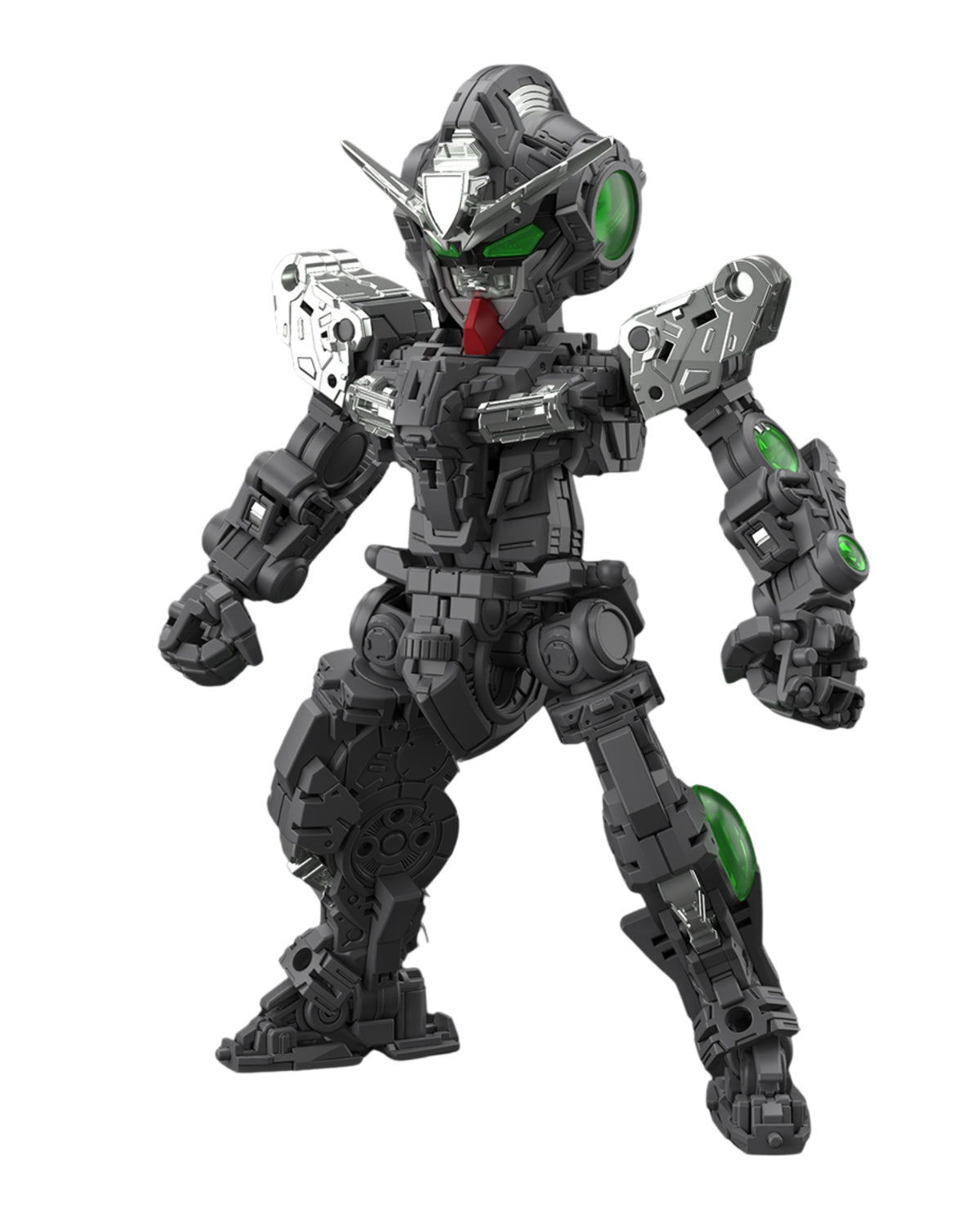 A detailed plastic toy model of a sci-fi mecha robot, primarily dark gray and black with bright green visor and arm accents, and a small red chest detail, isolated on a white background.