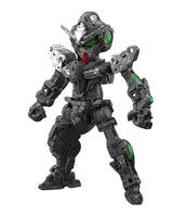 A detailed plastic toy model of a sci-fi mecha robot, primarily dark gray and black with bright green visor and arm accents, and a small red chest detail, isolated on a white background.
