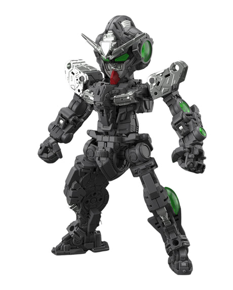 A detailed plastic toy model of a sci-fi mecha robot, primarily dark gray and black with bright green visor and arm accents, and a small red chest detail, isolated on a white background.