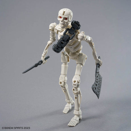 Mechanical skeleton figure with weapons on a gray background, Bandai Spirits brand visible.