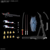 A set of action figure accessories and weapons displayed on a black background, including a large black sci-fi rifle, two smaller blue-and-white rifles, a sword with a red hilt, a blue spiky shield, a tall black support structure, and multiple small gold and white figure accessories.