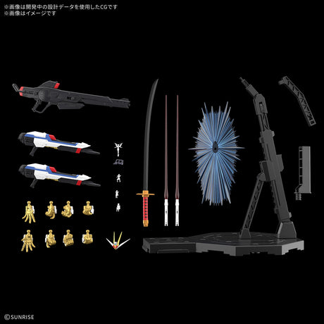 A set of action figure accessories and weapons displayed on a black background, including a large black sci-fi rifle, two smaller blue-and-white rifles, a sword with a red hilt, a blue spiky shield, a tall black support structure, and multiple small gold and white figure accessories.