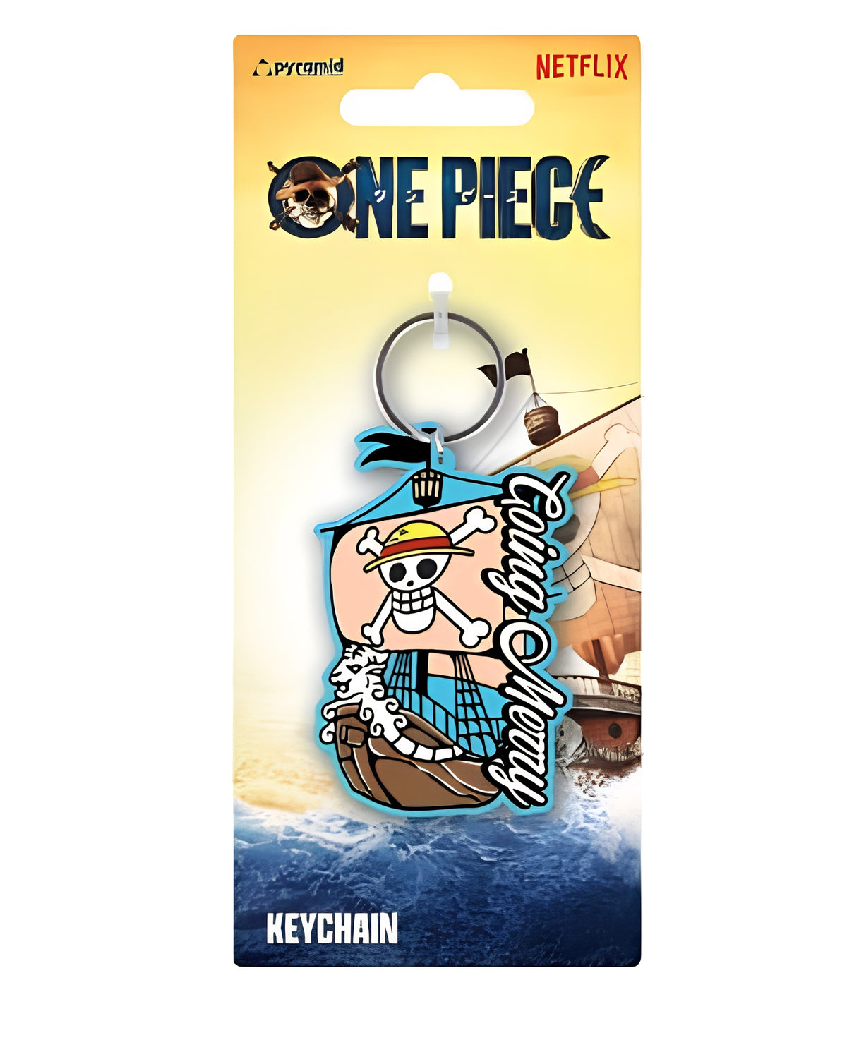 keychain of the going merry pirate ship on a graphic hanging card