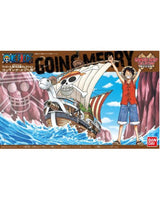 One Piece Grand Ship Co-Equipment Collection Eonimamare Merry model kit box art, featuring Luffy standing next to the ship on a blue ocean background with the One Piece logo and Bandai logo.