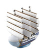 A detailed model of a historic three-masted sailing ship with white sails, brown rigging, and a blue and white hull, displayed on a clean white background.