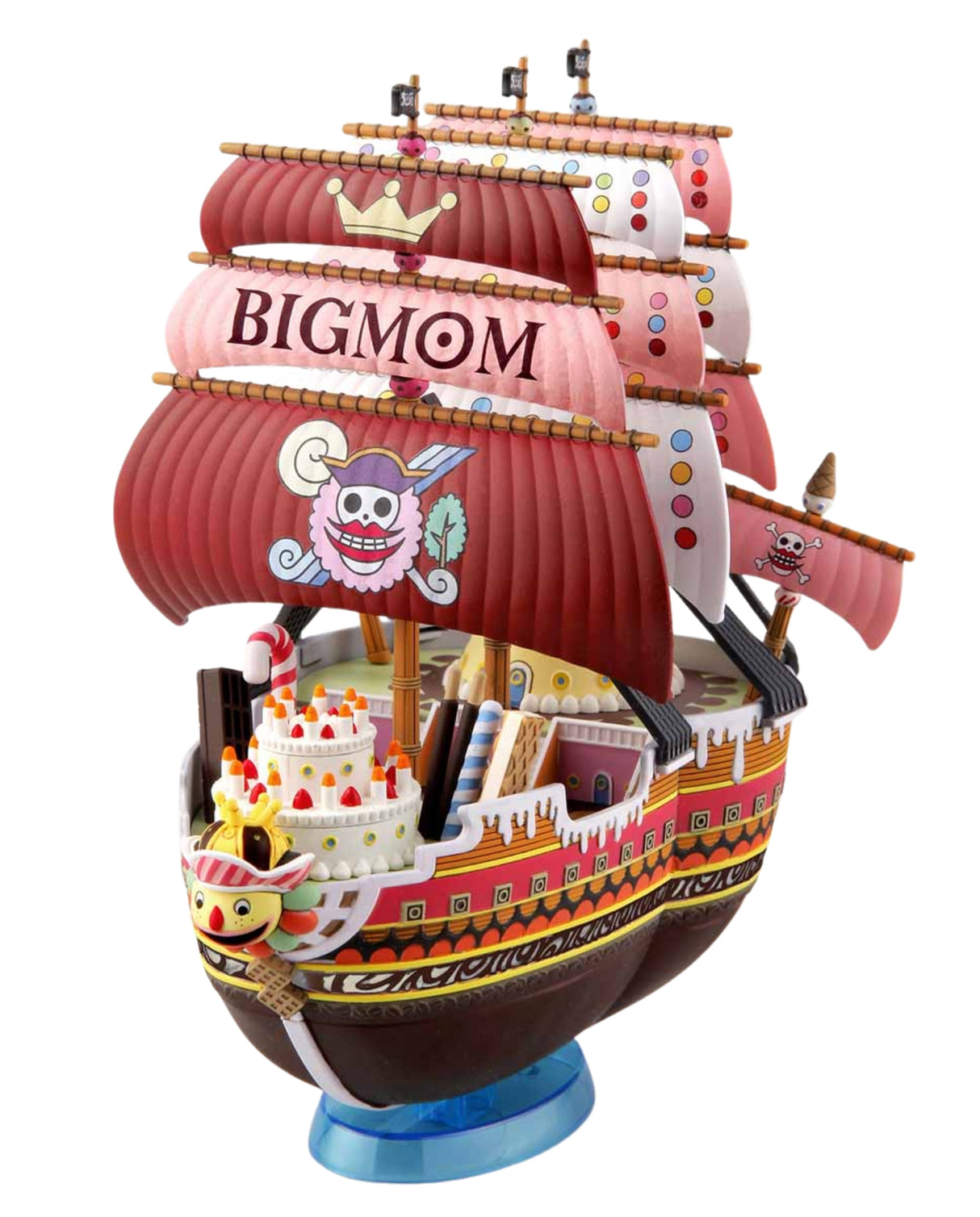 A toy ship model styled as the One Piece character Big Mom, featuring pink sails, a decorated hull, and a blue stand, shown on a plain white background.