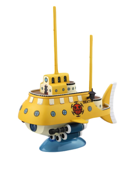 A yellow toy submersible inspired by The Three musketeers, featuring a blue base, yellow antennas, and a red and black pirate skull emblem on the side, set against a plain white background.