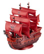A red pirate ship model with multiple striped red sails, a skull-and-crossbones flag, and a dark reddish-brown hull, displayed on a plain white background.