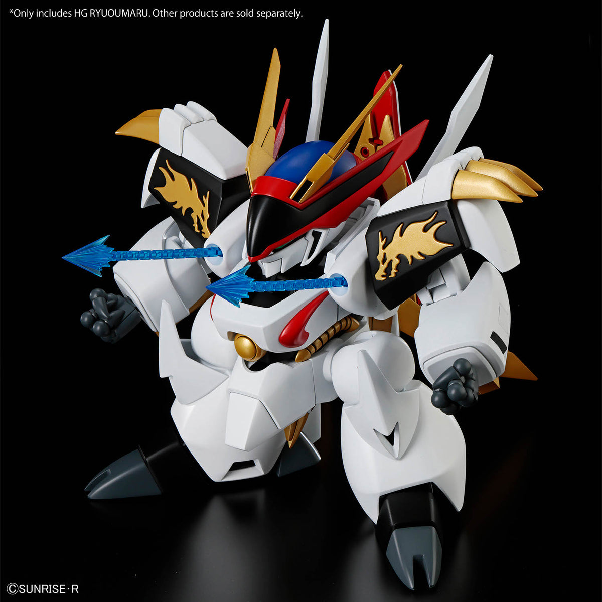 A white, red, blue, and gold mecha action figure shown on a black background, with blue arrows indicating swiveling head movements. Small text at the top and copyright text at the bottom mention HG and Sunrise-R.