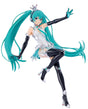 A collectible action figure of Hatsune Miku in a dynamic pose, featuring long turquoise hair, a white and silver bodysuit, and black thigh-high boots against a plain white background.