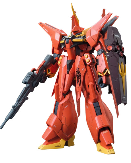 A red and orange mecha robot figure holding a black rifle, with a dark shield on its back, shown against a plain white background.