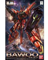 Bandai NEO-TEEN Attack Use Prototype Transformable Mobile Suit Aikio-10 'Bawoo' RE-100 1/100 scale model kit box front cover art, featuring a red and black mecha robot against a space background.