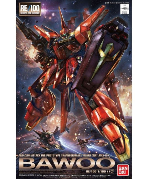 Bandai NEO-TEEN Attack Use Prototype Transformable Mobile Suit Aikio-10 'Bawoo' RE-100 1/100 scale model kit box front cover art, featuring a red and black mecha robot against a space background.