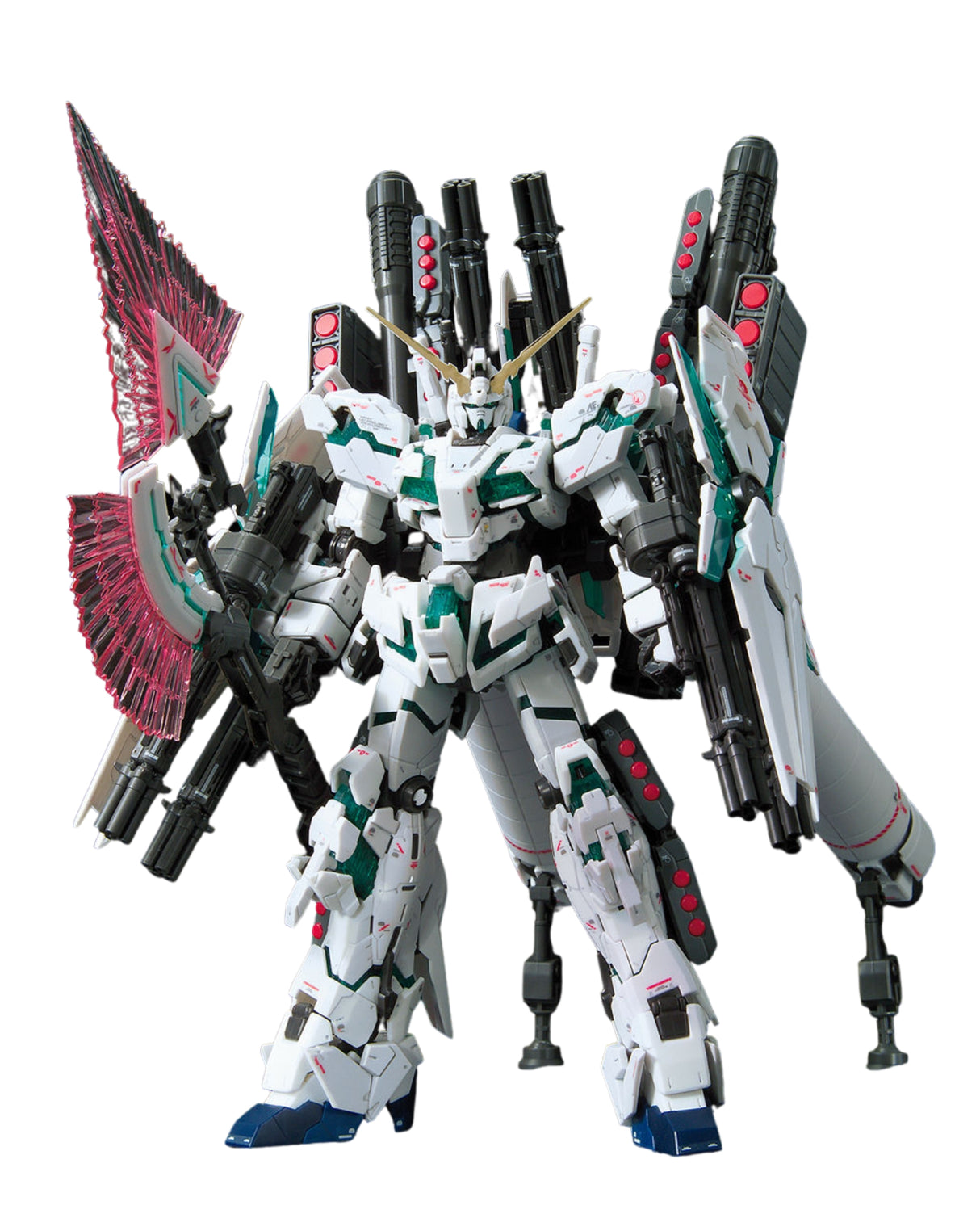 A white, green, and black mecha robot figure with multiple weapon attachments and a large pink-and-black wing-like accessory, shown on a plain white background.