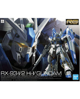 Bandai RG model kit box art for the RX-93-1 V2 Hi-V Gundam, showing a close-up of the blue and white Gundam head on the left and the full mobile suit on the right against a dark background with product text and the Bandai logo.