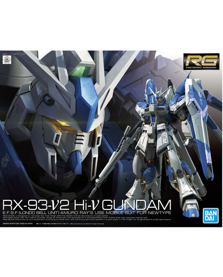Bandai RG model kit box art for the RX-93-1 V2 Hi-V Gundam, showing a close-up of the blue and white Gundam head on the left and the full mobile suit on the right against a dark background with product text and the Bandai logo.