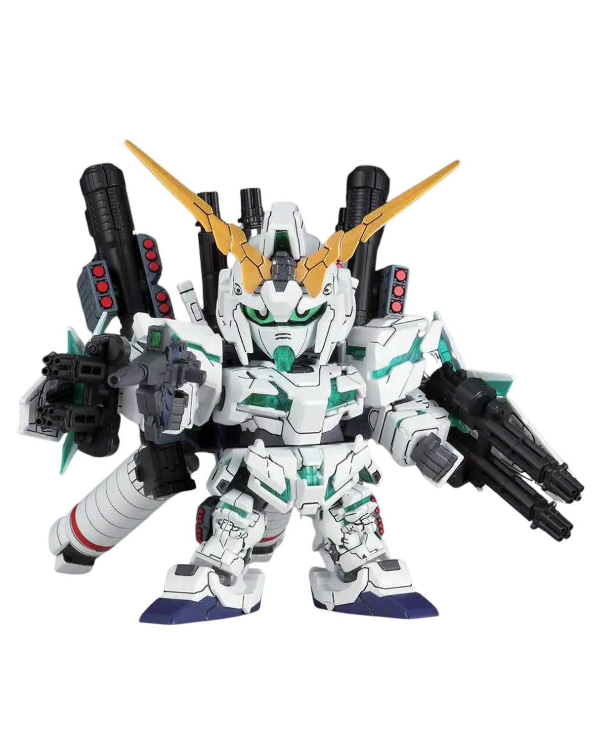 A small white mecha toy figure with gold horn-like antennas, green facial details, black weapon attachments, and blue feet, shown against a plain white background.