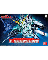 Bandai HG-07 Full Armor Unicorn Gundam model kit box art, featuring the white and green mecha in a space-themed background with blue and red text banners.