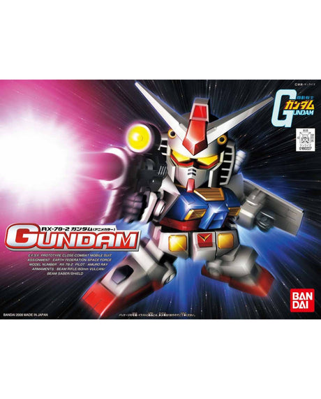 Bandai Gundam model kit box art featuring a small white, red, and blue mecha robot with a yellow eye and weapon, set against a dark blue starburst background with the large word GUNDAM and Bandai logo.