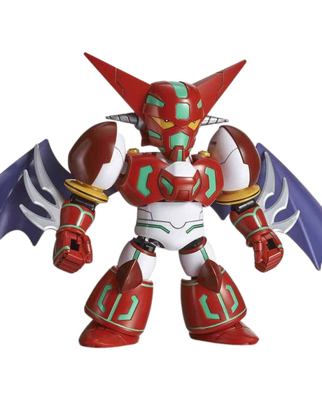 A stylized mecha robot figurine in red, white, and teal, with purple and silver bat-like wings, shown against a plain white background.
