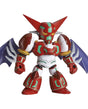 A stylized mecha robot figurine in red, white, and teal, with purple and silver bat-like wings, shown against a plain white background.
