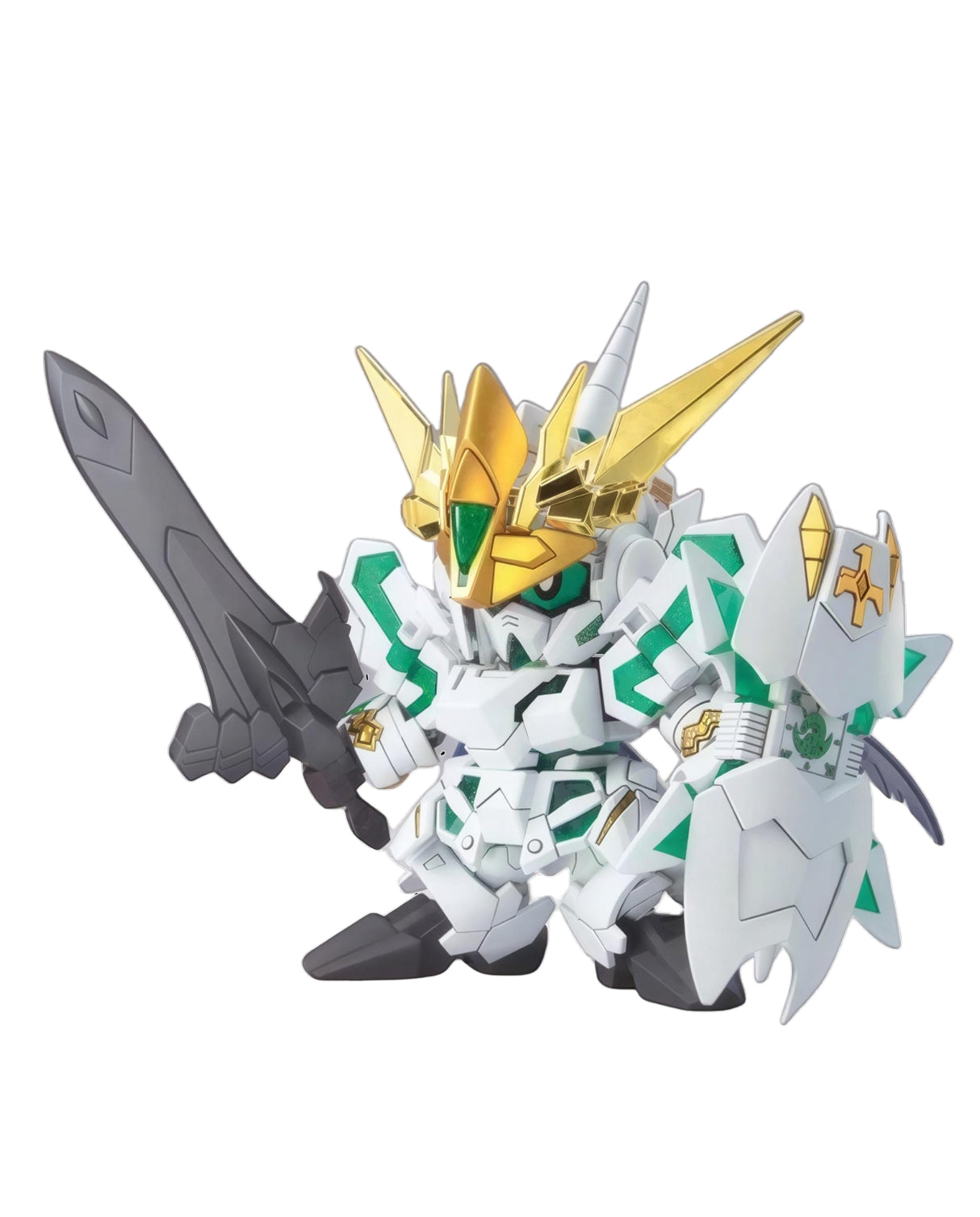 A small white and gold mecha figurine holding a dark gray sword, with green accents, shown on a plain white background.