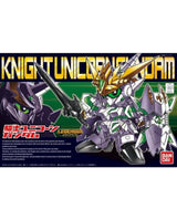 Bandai Knight Unicorn Gundam model kit box art featuring a white, green, and gold mecha robot with a sword, alongside a dark purple mecha figure, on a black and green background with large yellow title text.