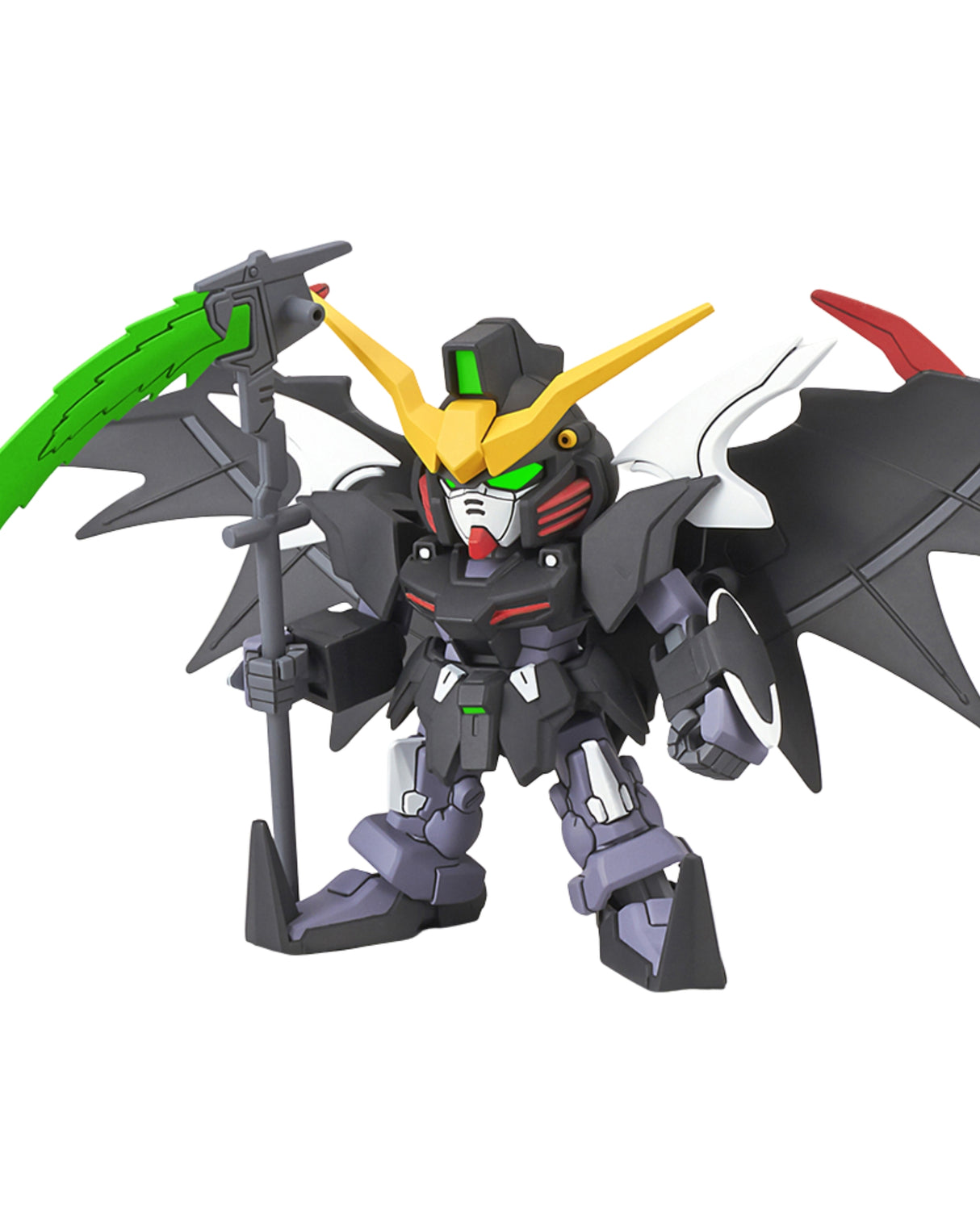 A small mecha toy figure with a dark gray body, yellow horns, green eyes, black wings, and a green-and-gray scythe, shown on a plain white background.