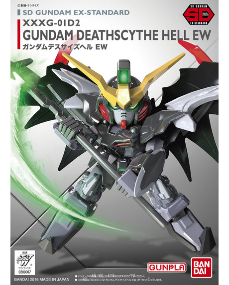 Box art for a Gundam model kit featuring the character Gundam Deathscythe Hell EW, shown in a dynamic pose with a green energy effect. The packaging includes text such as 'SD GUNDAM EX-STANDARD', 'GUNDAM DEATHSCYTHE HELL EW', and logos for Bandai and Gunpla.