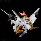 Model kit of a robot with white, gold, and red colors on a black background