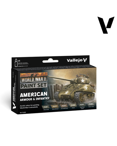 Vallejo V World War II Paint Set American Armour & Infantry acrylic paint box on a white background with a black logo in the top right corner.