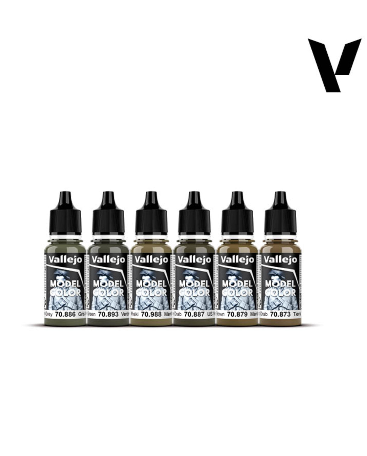 Six Vallejo Model paint bottles in different shades of black, arranged in a row on a white background with a black Vallejo logo in the top right corner.
