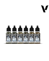 Six Vallejo Model paint bottles in different shades of black, arranged in a row on a white background with a black Vallejo logo in the top right corner.