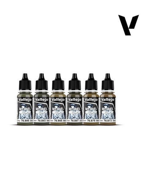 Six Vallejo Model paint bottles in different shades of black, arranged in a row on a white background with a black Vallejo logo in the top right corner.