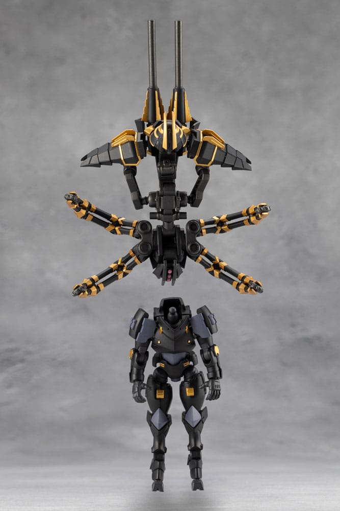 Black and gold robot action figure on a gray background